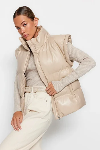 Trendyol Collection Beige Oversize Water Repellent Faux Leather Puffer Vest TWOAW24YE00007