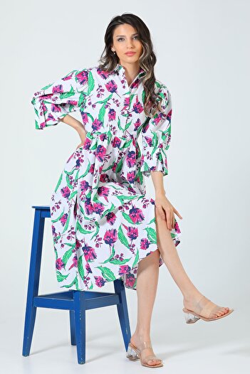 GÜLSELİ Cream Women's Front Button Detailed Patterned Dress