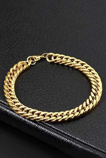 The Collection Unisex Paslanmaz Kalın Küba Gold Çelik Bileklik