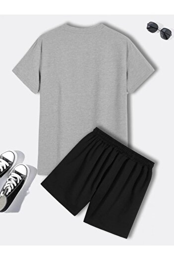 MODARİCH Nevet Give Up Gray T-shirt Black Shorts - T-Shirt with Shorts Top and Bottom Set Printed Oversize Crew Neck