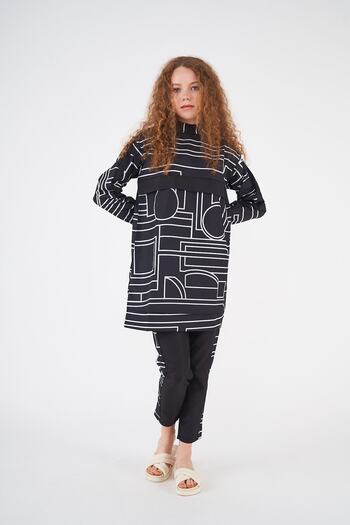 Mevra Black Short Hijab Swimsuit - Tote Patterned