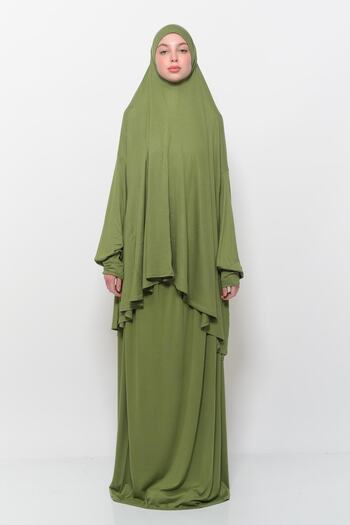 Altobeh Practical Two-Piece Cotton Bat Sleeve Organic Hijab Prayer Dress with Headscarf-Pistachio Green
