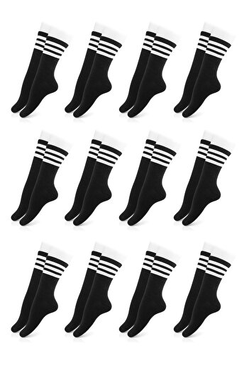 Line Smart Pack of 12 Women's Black Cotton Striped Soft Breathable College Socks
