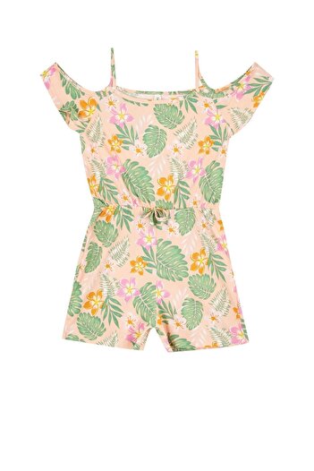DeFacto Girl's Regular Fit Patterned Strappy Cotton Combed Summer Short Jumpsuit