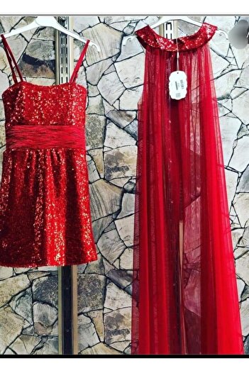 MENSİS Girl's Adjustable Strap Sequin Embroidery Glitter Over Tulle Dress Double Graduation Evening Dress