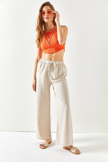 Olalook Women's Stone Waist Elasticated Laced Palazzo Linen Trousers PNT-19000219
