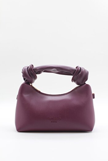 NOTHING Women's Purple Soft Leather Knot Detailed Handled Chain Strap Mini Hand Shoulder Baguette Bag