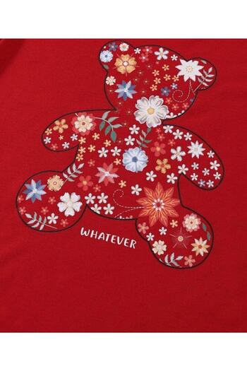 MORNİNG KİDS RED Floral Teddy Bear Printed Kids Combed Cotton T-Shirt