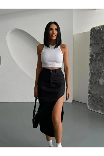 MAKRAS EXCLUSIVE Penelope Women's Black Black Od Color Side Deep Slit Detailed Long Denim Skirt