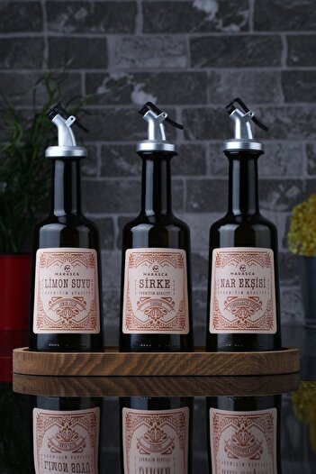 incili home Marasca Wooden Stand Lemon Juice - Pomegranate Syrup - Vinegar Sauce Set Set of 3 250 Ml Rustic