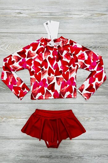 PODIUM GYM Patterned (UV) Sun Protection Long Sleeve Girl's Crop Top Mini Skirt Ruffle Bikini Set