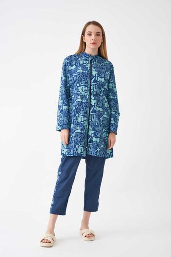 Mevra Stopped Sia Pattern Hijab Swimsuit Navy Green