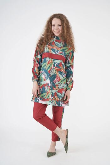 Mevra Flamingo Pattern Hijab Swimsuit Red Short