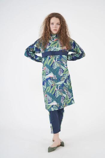Mevra Flamingo Pattern Hijab Swimsuit Navy Blue Long