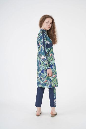 Mevra Flamingo Pattern Hijab Swimsuit Navy Blue Long