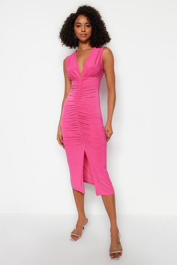 Trendyol Collection Rochie creion elastică, tricotată midi, încâlcită fucsia TWOSS23EL00751
