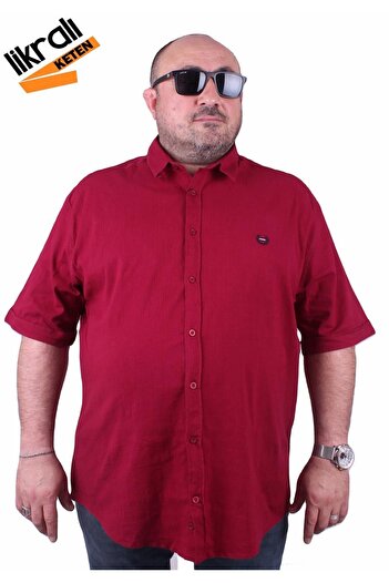 MocGrande Large Size Short Sleeve Men's Lycra Linen Shirt 11300 Claret Red