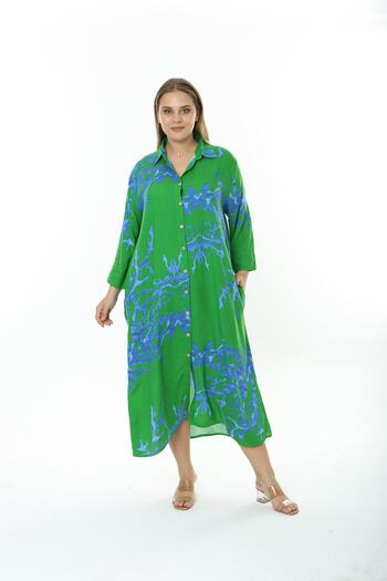 XL Modam WOMEN'S LARGE SIZE WOVEN VISKOSE GREEN BLUE SHIRT DRESS
