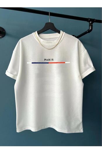 JDM Men's Black Chest Slim Striped Paris Printed Oversize Crew Neck T-Shirt
