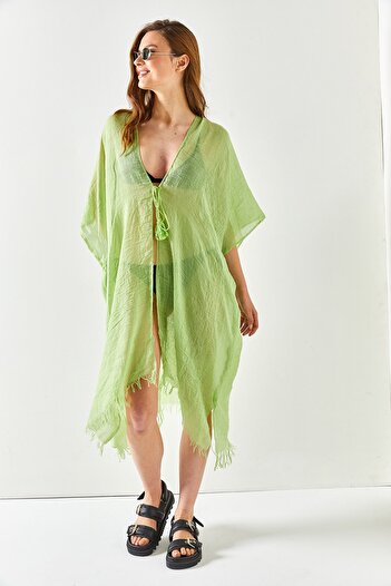 Olalook Women's Oil Green Slit Laced Pareo Kimono KMN-00000063