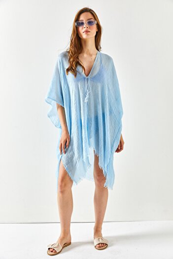 Olalook Women's Baby Blue Slit Tie-Up Pareo Kimono KMN-00000063