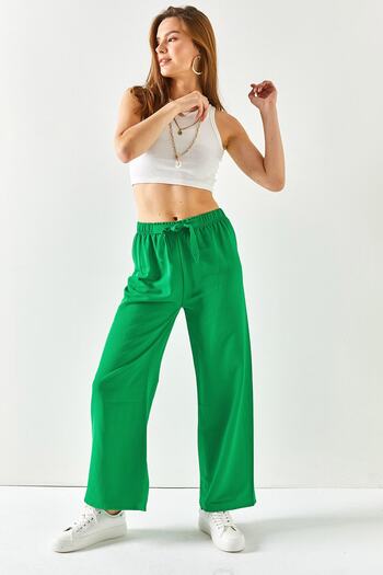 Olalook Women's Grass Green Elastic Waist Laced Palazzo Linen Trousers PNT-19000219