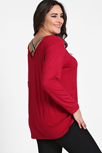 Moda Cazibe Women's Burgundy Back Cross Gold Sequin Stripe Long Sleeve Blouse M9280