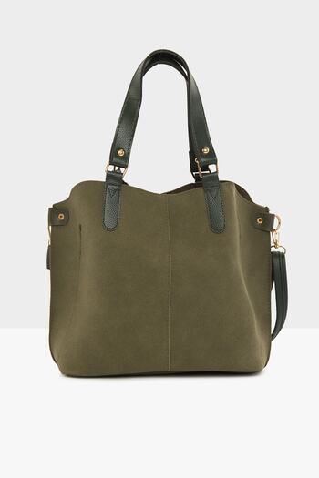 Bagmori Khaki Women's Three-Compartment Nubuck Bag with Snap Fastener Detail M000003554