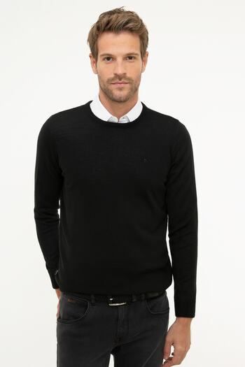 Pierre Cardin Men's Black Slim Fit Crew Neck Basic Knitwear Sweater