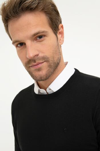 Pierre Cardin Men's Black Slim Fit Crew Neck Basic Knitwear Sweater