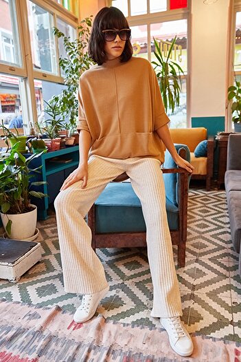 Olalook Women's Stone Ribbed Thick Knitwear Trousers PNT-19000055