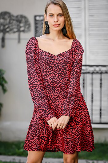 Chiccy Women's Leopard Patterned Pentagonal Collar Lined Woven Dress M10160000EL97518