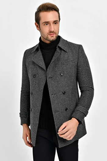 DYNAMO Men's Gray Wool Blended Patterned Stamp Double Breasted Buttoned