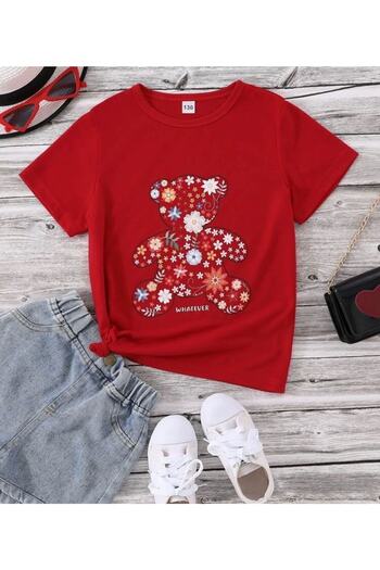 MORNİNG KİDS RED Floral Teddy Bear Printed Kids Combed Cotton T-Shirt