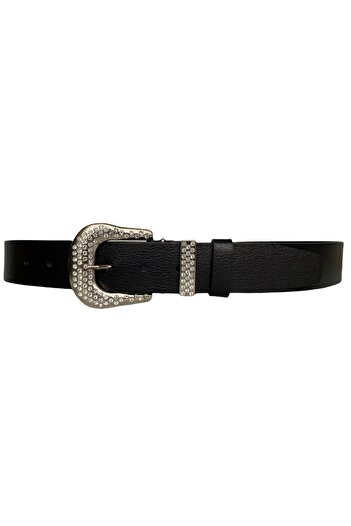 GoDeri %100 Hakiki Deri, Gümüş Taşlı Tokalı, Metal Taşlı Köprülü Siyah Kadın Kot Kemeri 4 Cm=an-byn-66