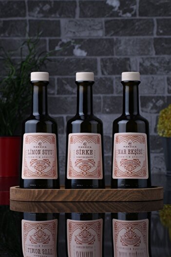 incili home Marasca Wooden Stand Lemon Juice - Pomegranate Syrup - Vinegar Sauce Set Set of 3 250 Ml Rustic