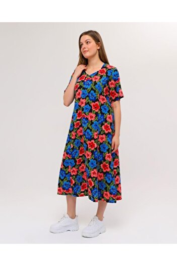 Nehir tekstil Pentagonal Collar Piece Stitched Half Sleeve Plus Size Cotton Combed Dress