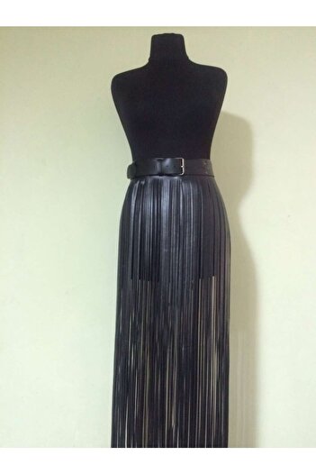 Sweet Demon Women's Long Length Tasseled Adjustable Waist Tied Stylish Leather Skirt Black