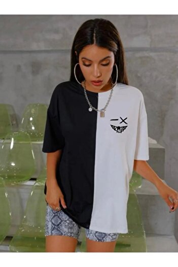 ciwi&life Unisex Oversize Black-White 2 Different Color Printed Basic T-Shirt