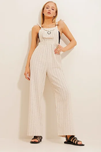 Trend Alaçatı Stili Women's Vanilla Strap Striped Linen Jumpsuit with Front Pocket ALC-X10515