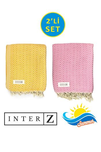 INTER Z Set of 2 Marmaris Yellow Pink Peşkemal Beach Towels - 100% Cotton, XXL 100x180cm