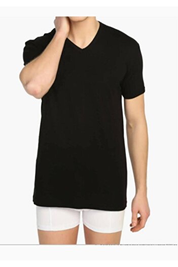 Tutku Men's Black Ribbed V-Neck Undershirt 107 New Season (7 Economical Package)