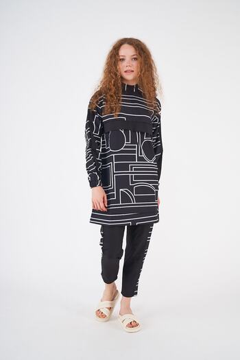 Mevra Black Short Hijab Swimsuit - Tote Patterned