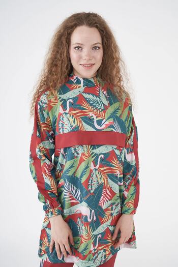Mevra Flamingo Pattern Hijab Swimsuit Red Short