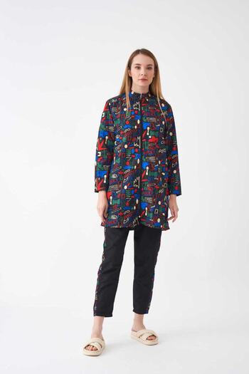 Mevra Black Sia Patterned Hijab Swimsuit with Stopper