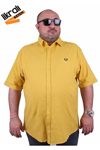 MocGrande Large Size Short Sleeve Men's Lycra Linen Shirt 11300 Mustard