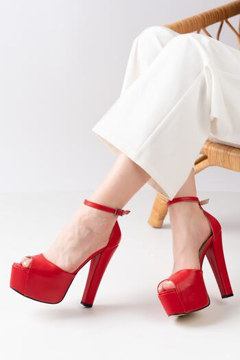MASSOLE New Season Red Leather Platform Ankle Strap Stylish Premium Women's Evening Shoes