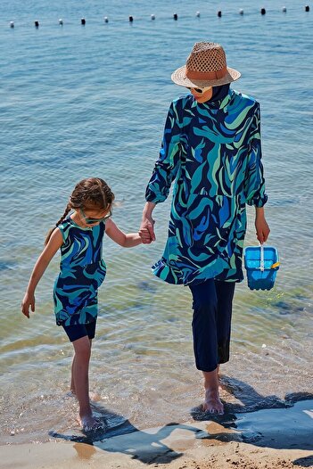 Marina Patterned Navy Blue Fully Covered Hijab Swimsuit M2334