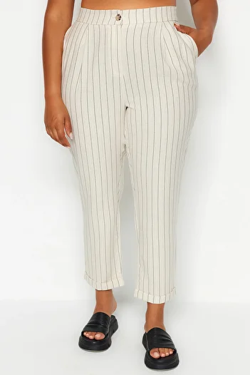 Trendyol Curve Beige Linen Look Striped Woven Trousers TBBSS23AR00039