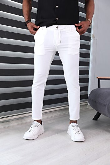 JACK CAPRİO Λευκό ανδρικό παντελόνι Jogger Slim Fit - με σωματίδια και προσαρμοσμένο σχέδιο